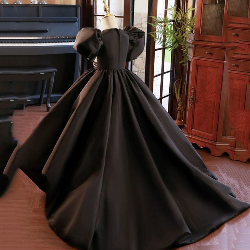 Beaded Black Princess Dress for Girls with Sweep Train | Floor-Length Mesh Party Gown