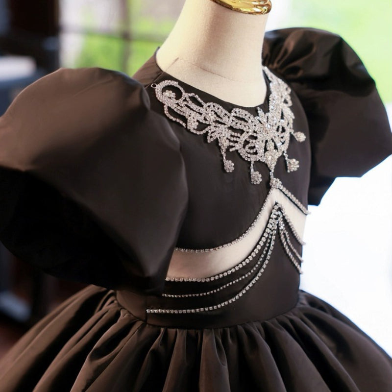 Beaded Black Princess Dress for Girls with Sweep Train | Floor-Length Mesh Party Gown
