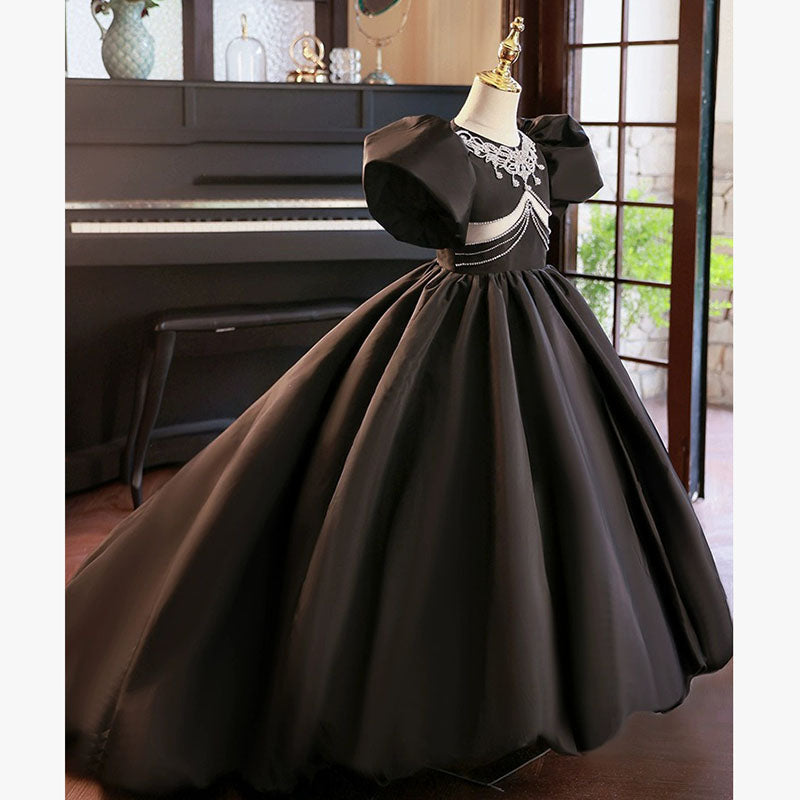 Beaded Black Princess Dress for Girls with Sweep Train | Floor-Length Mesh Party Gown