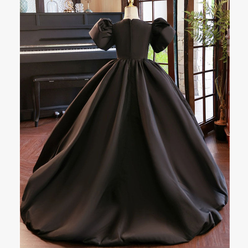 Beaded Black Princess Dress for Girls with Sweep Train | Floor-Length Mesh Party Gown