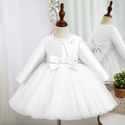 Beaded Bow Long Sleeve Satin Tulle A-Line Flower Girl Dress