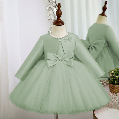 Beaded Bow Long Sleeve Satin Tulle A-Line Flower Girl Dress