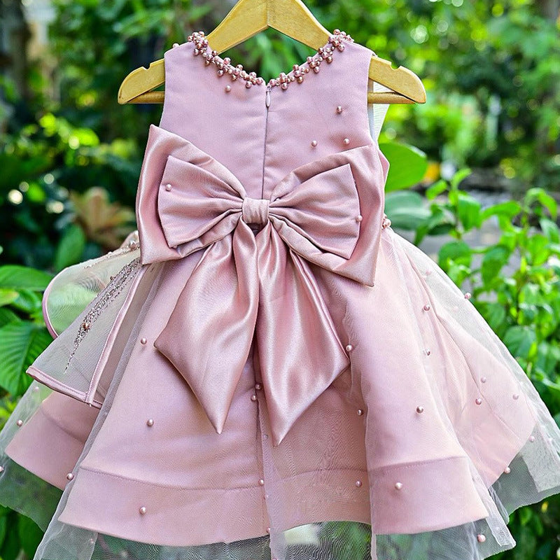 Pink Beaded Bow Satin Flower Girl Dress - Toddler & Kids Birthday Party Dress