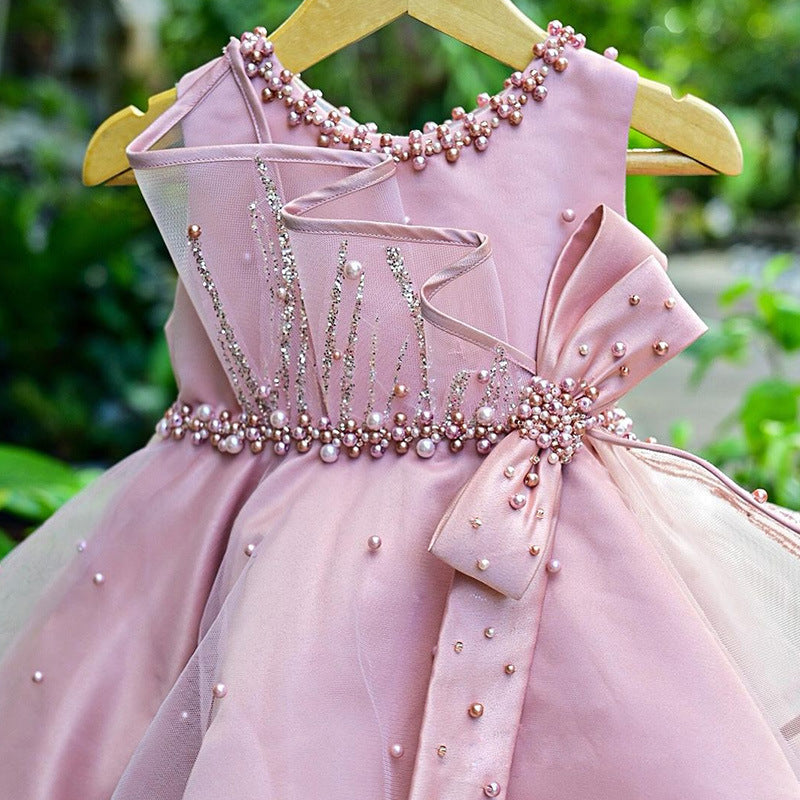 Pink Beaded Bow Satin Flower Girl Dress - Toddler & Kids Birthday Party Dress
