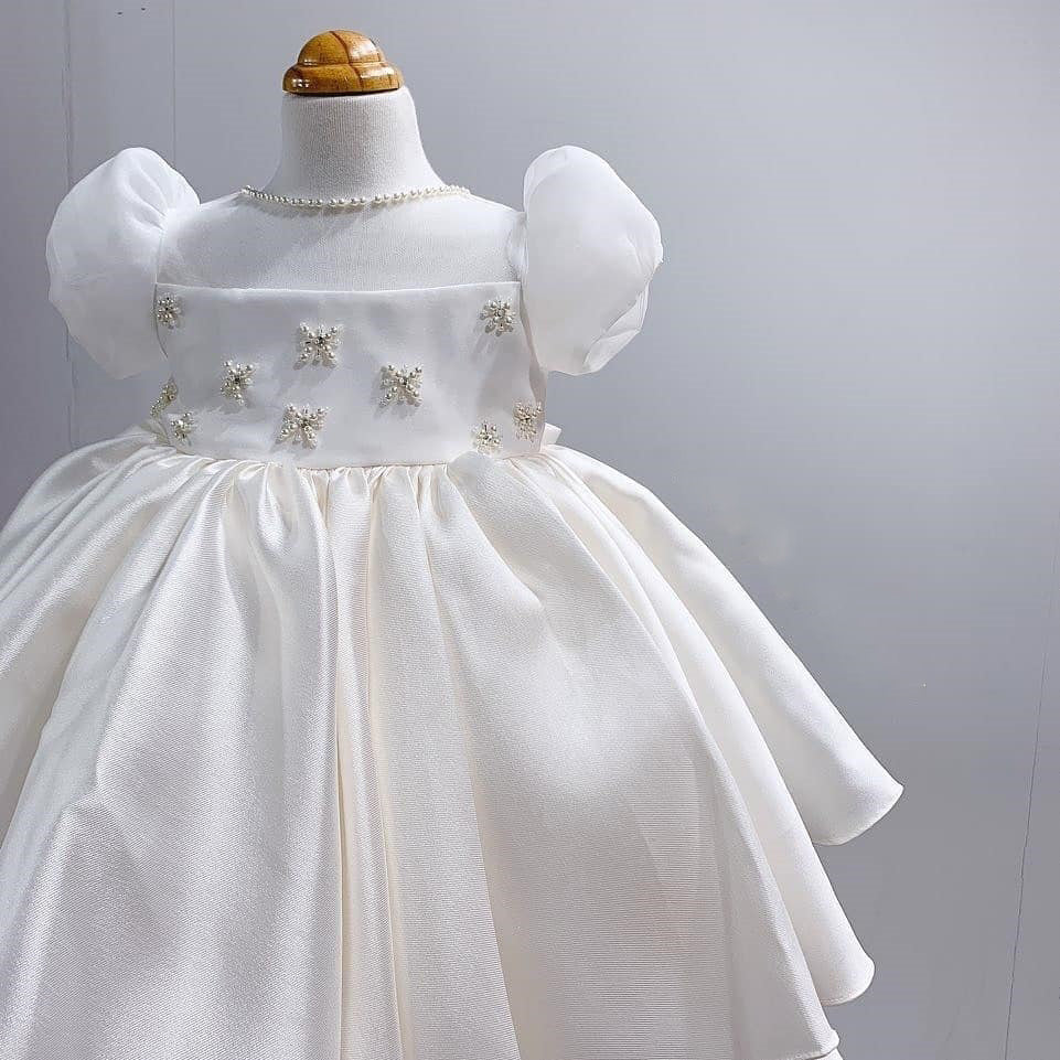 White Beaded Satin Ball Gown Dress for Girls – Special Occasion & Party