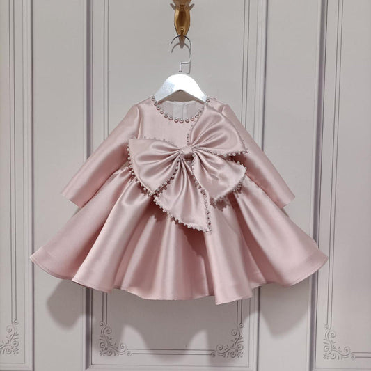 Pink Satin Princess Dress with Beaded Bow for Girls | Special Occasion Long Sleeve Dress