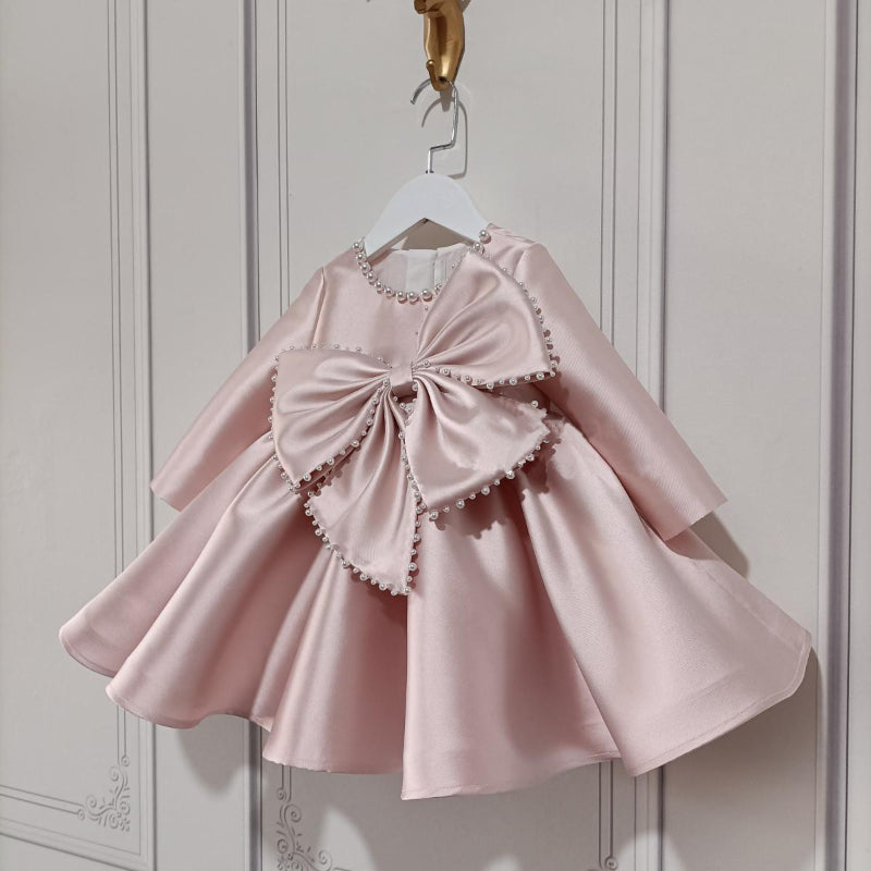 Pink Satin Princess Dress with Beaded Bow for Girls | Special Occasion Long Sleeve Dress