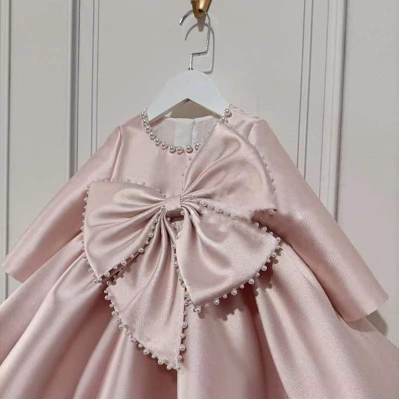 Pink Satin Princess Dress with Beaded Bow for Girls | Special Occasion Long Sleeve Dress