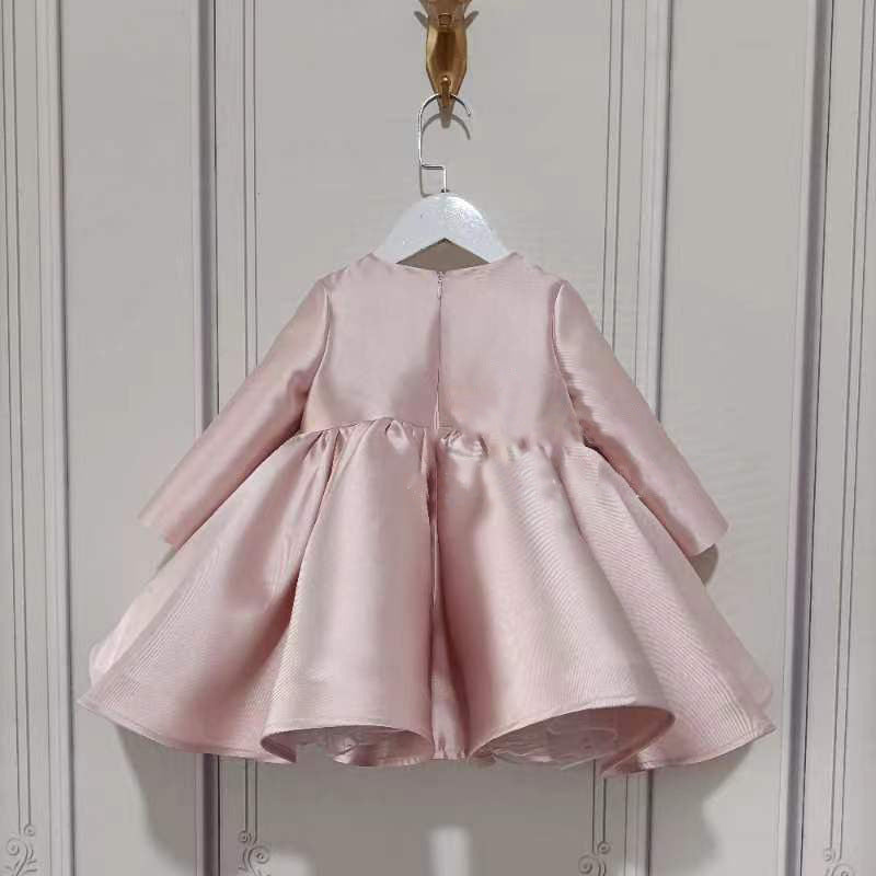 Pink Satin Princess Dress with Beaded Bow for Girls | Special Occasion Long Sleeve Dress