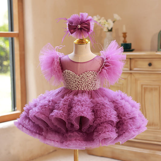 Beaded Puffy Princess Tulle Dress for Girls – Sweetheart Illusion, Short Sleeve, Purple
