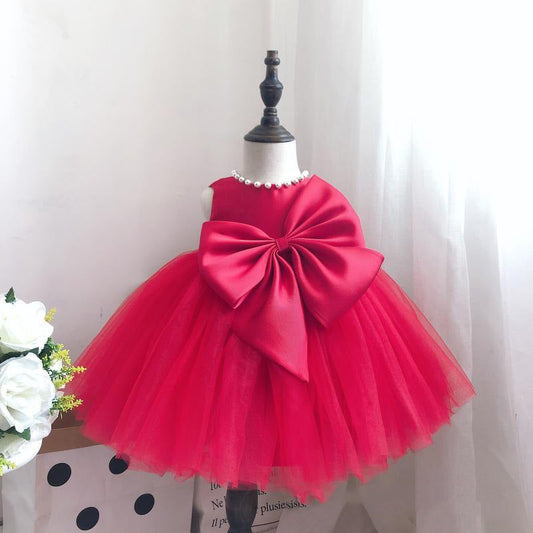 Big Bow Deep Pink Satin & Tulle Flower Girl Dress for Special Occasions