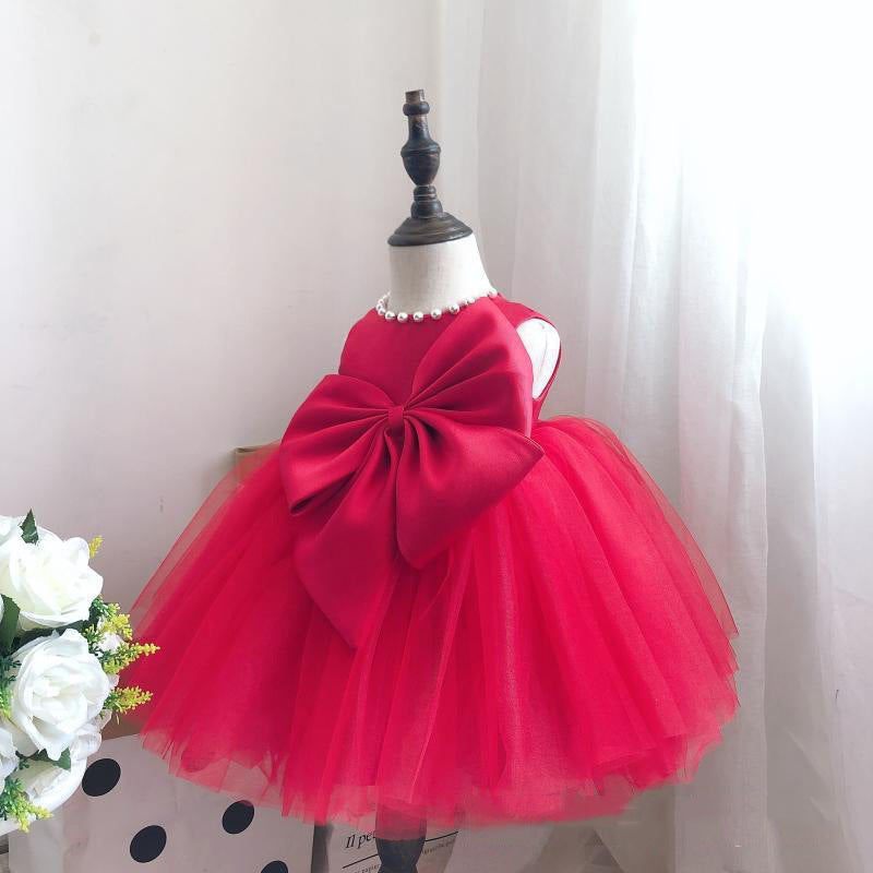Big Bow Deep Pink Satin & Tulle Flower Girl Dress for Special Occasions