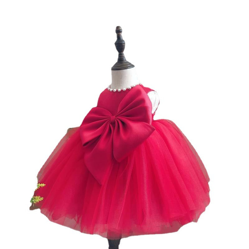 Big Bow Deep Pink Satin & Tulle Flower Girl Dress for Special Occasions