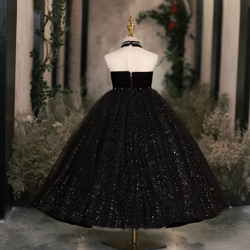 Black A-Line Flower Girl Dress with Beaded Sequins & Tulle