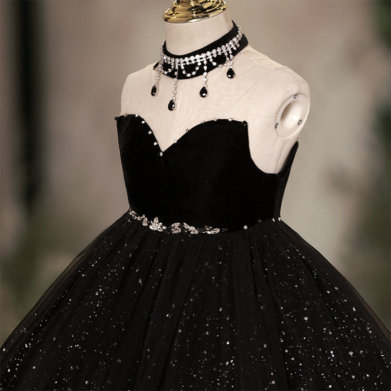 Black A-Line Flower Girl Dress with Beaded Sequins & Tulle