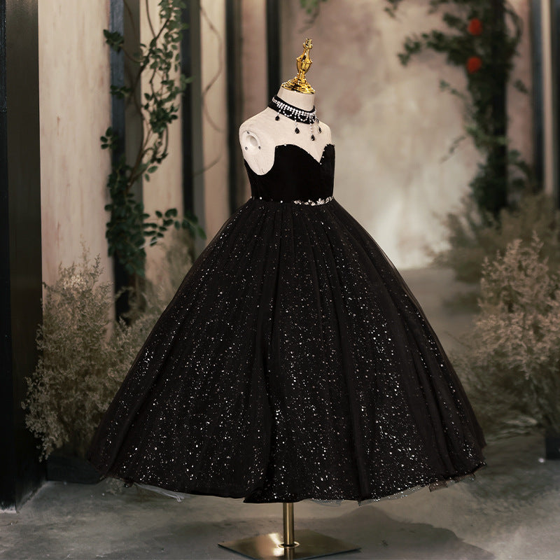 Black A-Line Flower Girl Dress with Beaded Sequins & Tulle