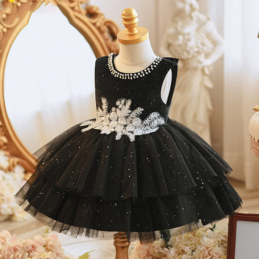 Black A-Line Sleeveless Princess Dress for Girls | Knee-Length Tulle Party Dress