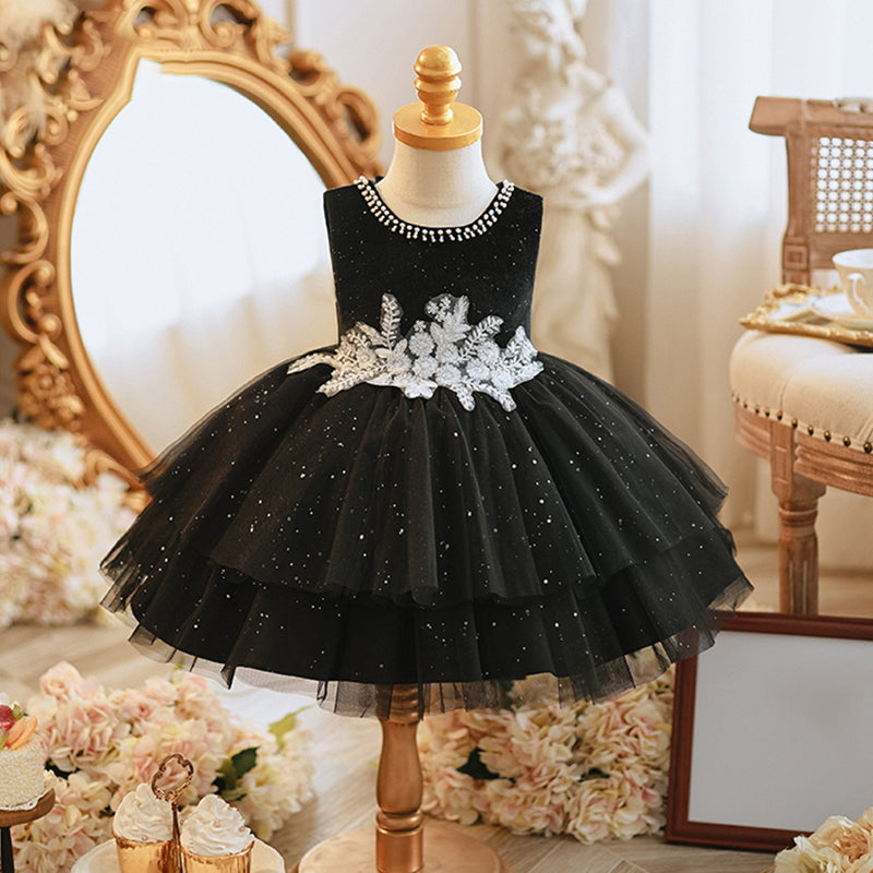 Black A-Line Sleeveless Princess Dress for Girls | Knee-Length Tulle Party Dress