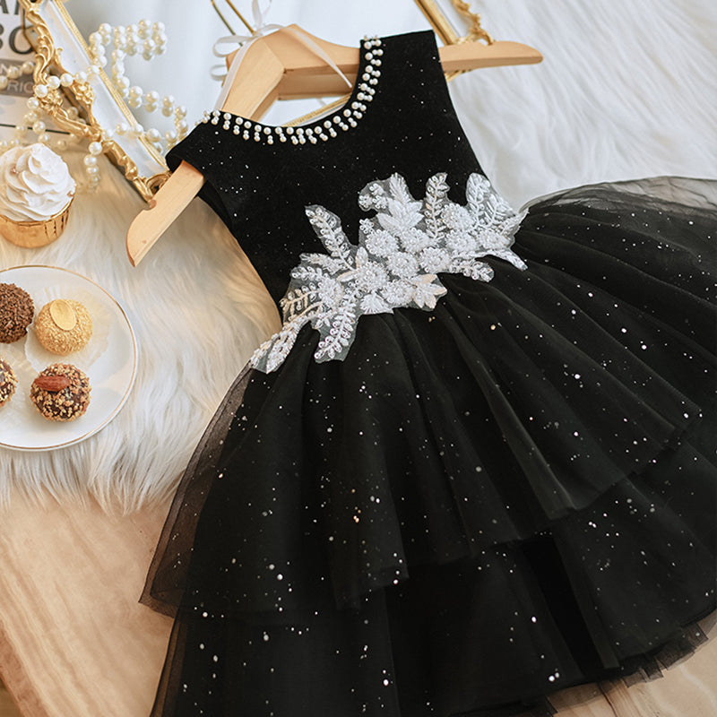 Black A-Line Sleeveless Princess Dress for Girls | Knee-Length Tulle Party Dress