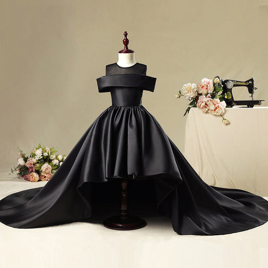 Black Organza A-Line Flower Girl Dress Cold Shoulder Ruffle