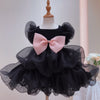 Black Organza A-Line Flower Girl Dress with Puff Sleeves