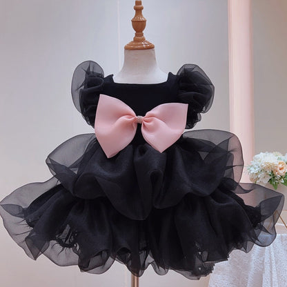 Black Organza A-Line Flower Girl Dress with Puff Sleeves