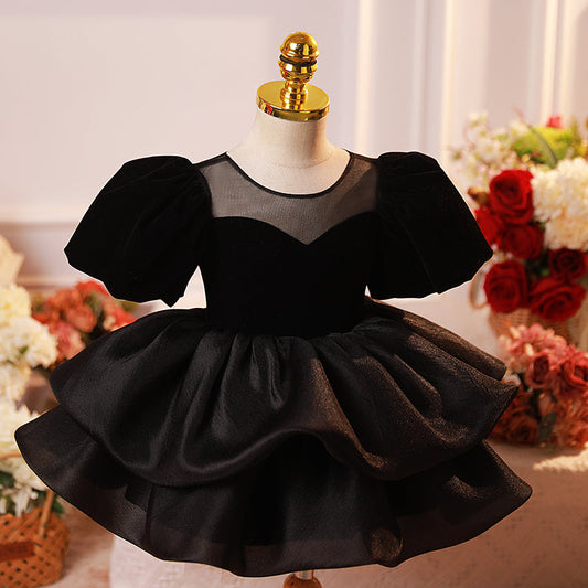 Black Organza Princess Dress for Girls – Tiered Skirt, Formal Puff Sleeves, Special Occasions