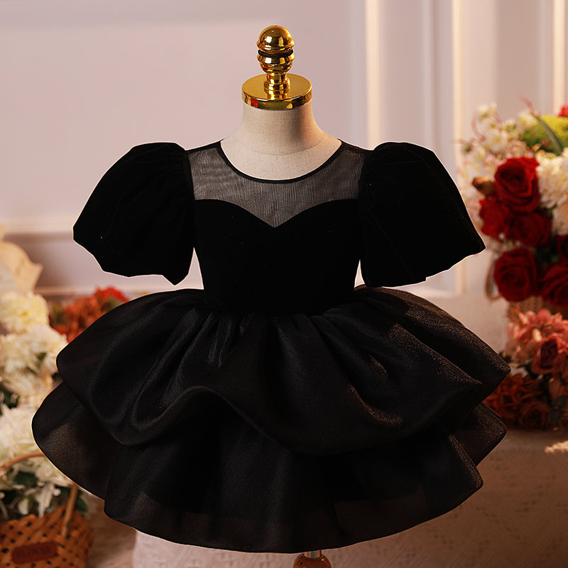 Black Organza Princess Dress for Girls – Tiered Skirt, Formal Puff Sleeves, Special Occasions