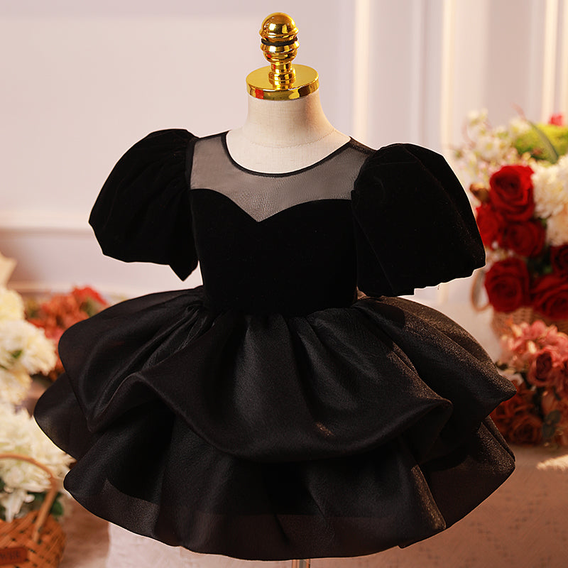 Black Organza Princess Dress for Girls – Tiered Skirt, Formal Puff Sleeves, Special Occasions