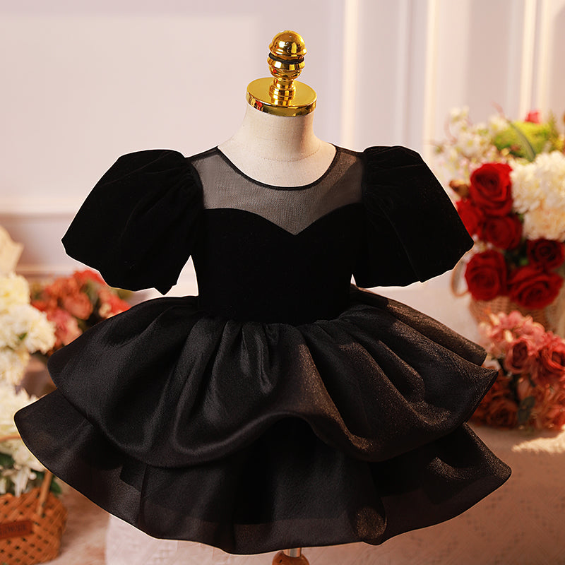 Black Organza Princess Dress for Girls – Tiered Skirt, Formal Puff Sleeves, Special Occasions