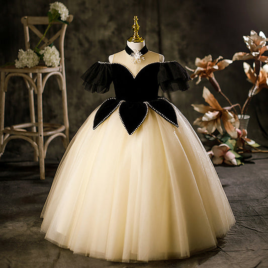 Black Princess Tulle Flower Girl Dress - Beaded Cold Shoulder