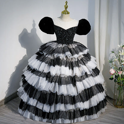 Black Princess Tulle Flower Girl Dress with Puff Sleeves