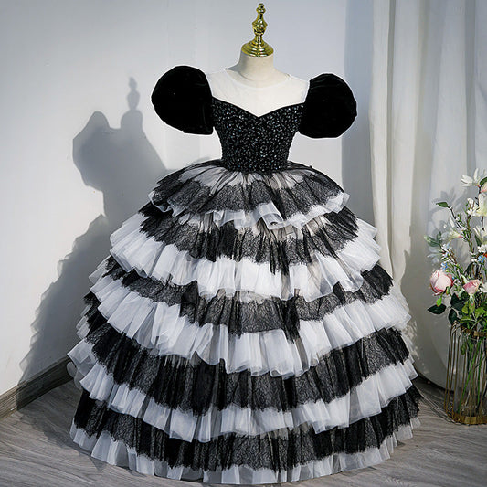 Black Princess Tulle Flower Girl Dress with Puff Sleeves