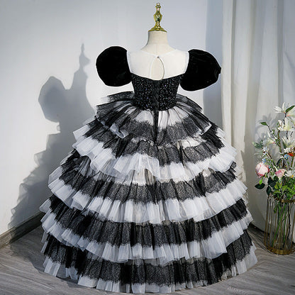 Black Princess Tulle Flower Girl Dress with Puff Sleeves