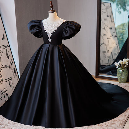 Black Satin A-Line Flower Girl Dress with Puff Sleeves