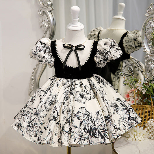 Black Satin Princess Flower Girl Dress Beaded Bow Short Puff