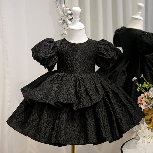 Black Satin Princess Flower Girl Dress Short Puff Sleeve Tea