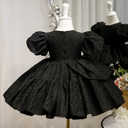 Black Satin Princess Flower Girl Dress Short Puff Sleeve Tea