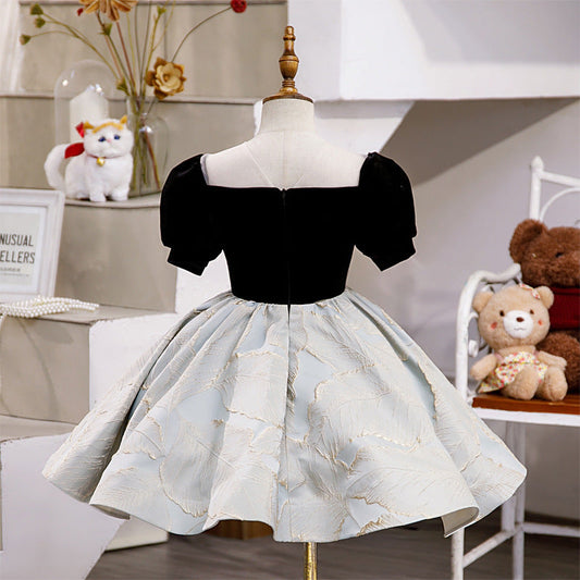 Black Satin Velvet Flower Girl Dress | Square Neck