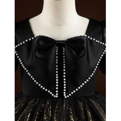 Black Sequin A-Line Flower Girl Dress Beaded Short Puff Floor