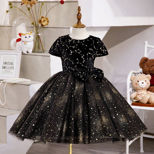 Black Sequin A-Line Flower Girl Dress with Cap Sleeves