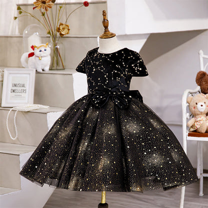 Black Sequin A-Line Flower Girl Dress with Cap Sleeves