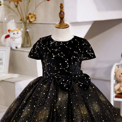 Black Sequin A-Line Flower Girl Dress with Cap Sleeves