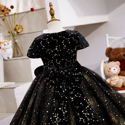 Black Sequin A-Line Flower Girl Dress with Cap Sleeves