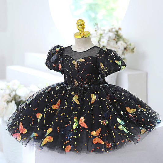 Black Sequin Princess Flower Girl Dress Short Puff Sleeve Knee