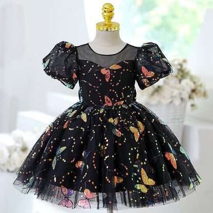 Black Sequin Princess Flower Girl Dress Short Puff Sleeve Knee