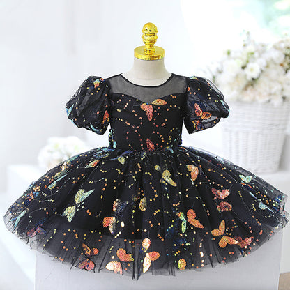 Black Sequin Princess Flower Girl Dress Short Puff Sleeve Knee