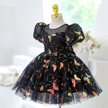 Black Sequin Princess Flower Girl Dress Short Puff Sleeve Knee