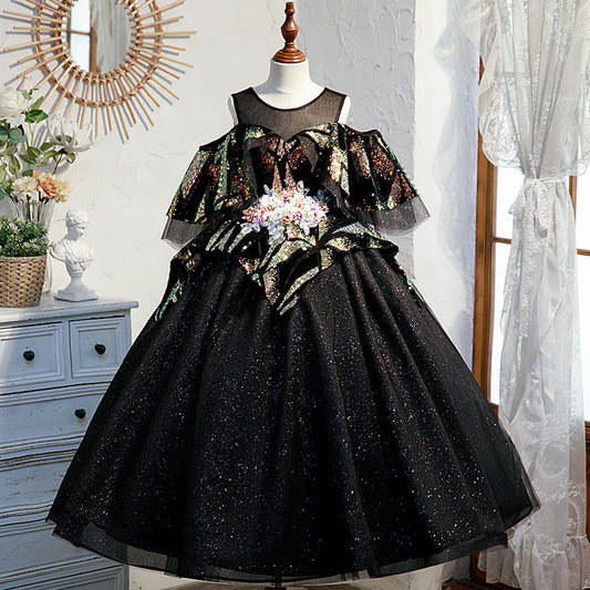 Black Sequined A-Line Flower Girl Dress - Cold Shoulder