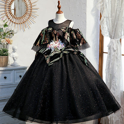 Black Sequined A-Line Flower Girl Dress - Cold Shoulder